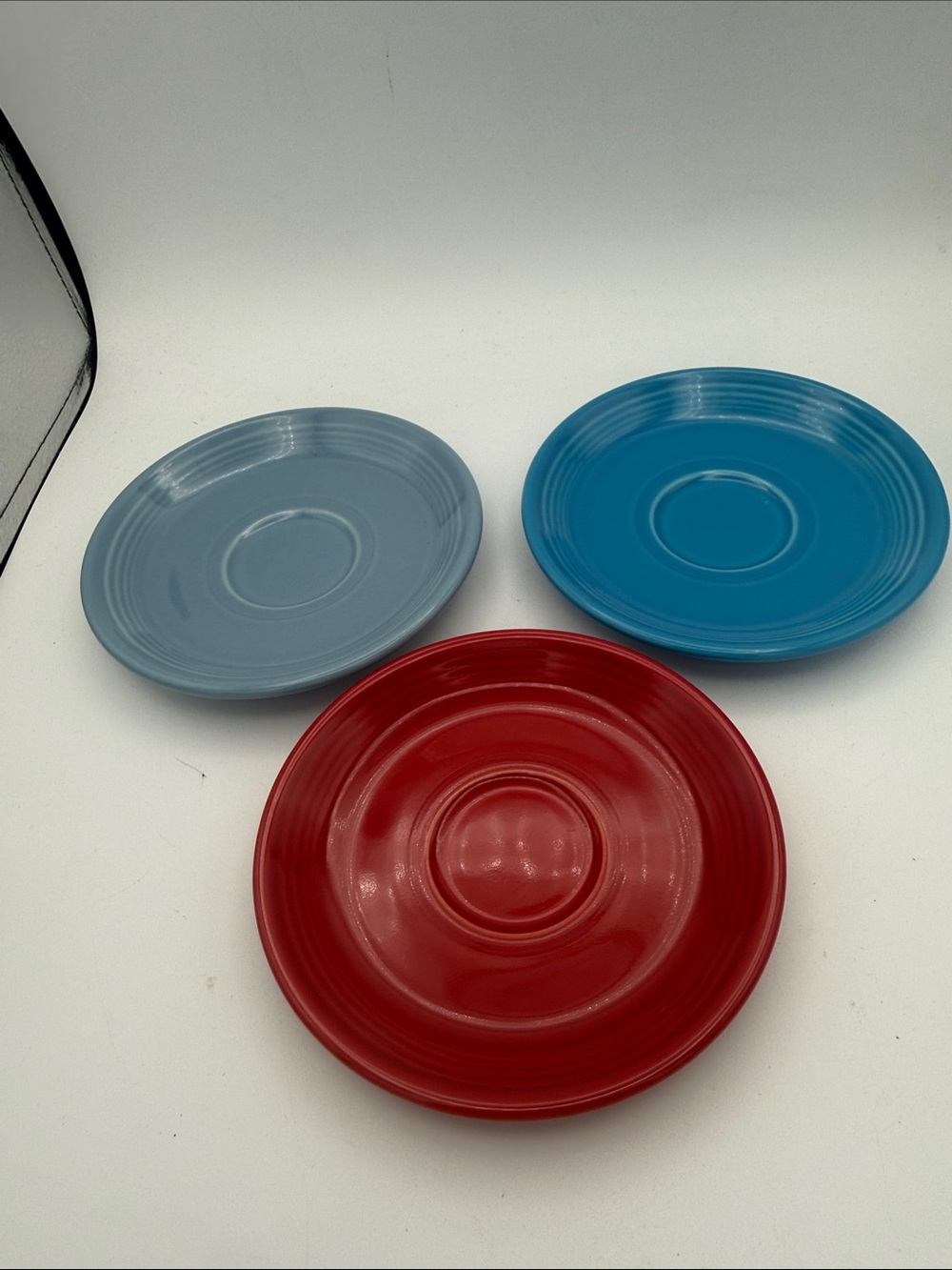 Set of 3 Homer Laughlin Fiesta Ware 6 Inch saucer Plates blues & red USA